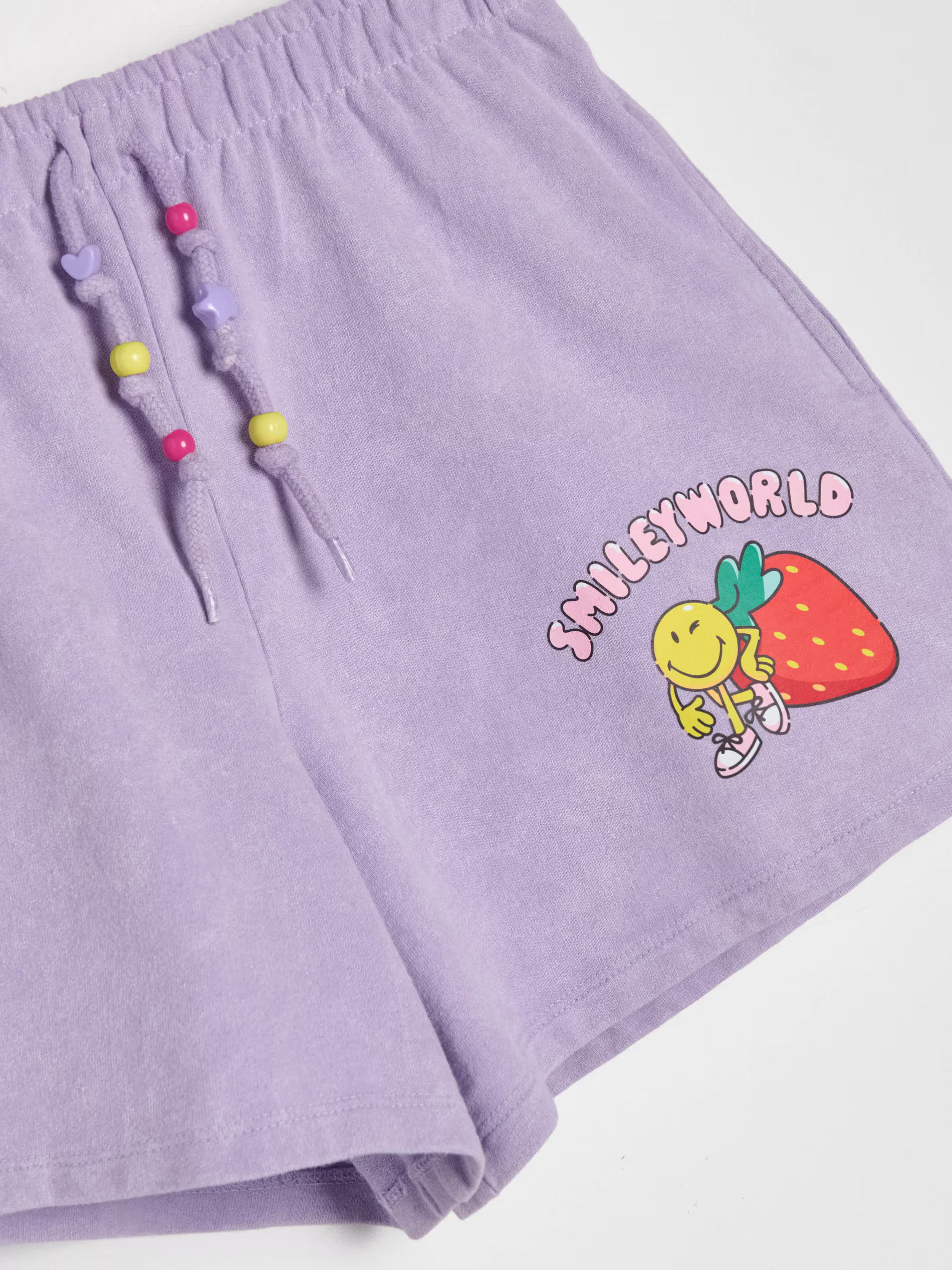 SmileyWorld® printed sweat shorts with decorative tie detail
