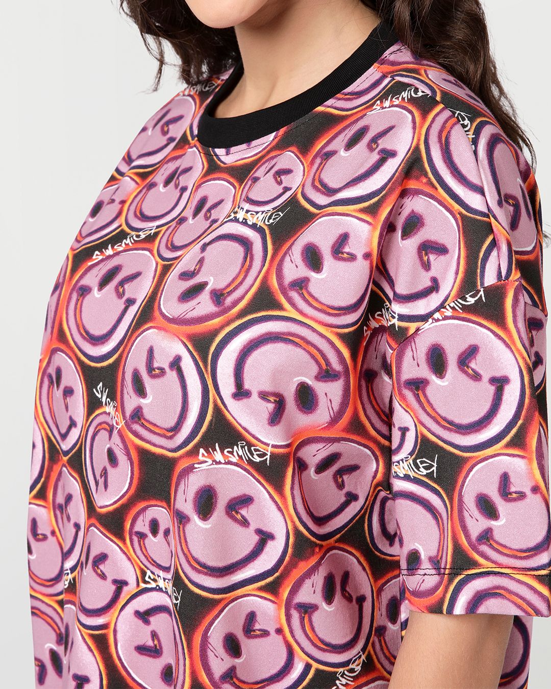 S.W.Smiley Women's Pink & Brown All Over Printed Oversized T-shirt