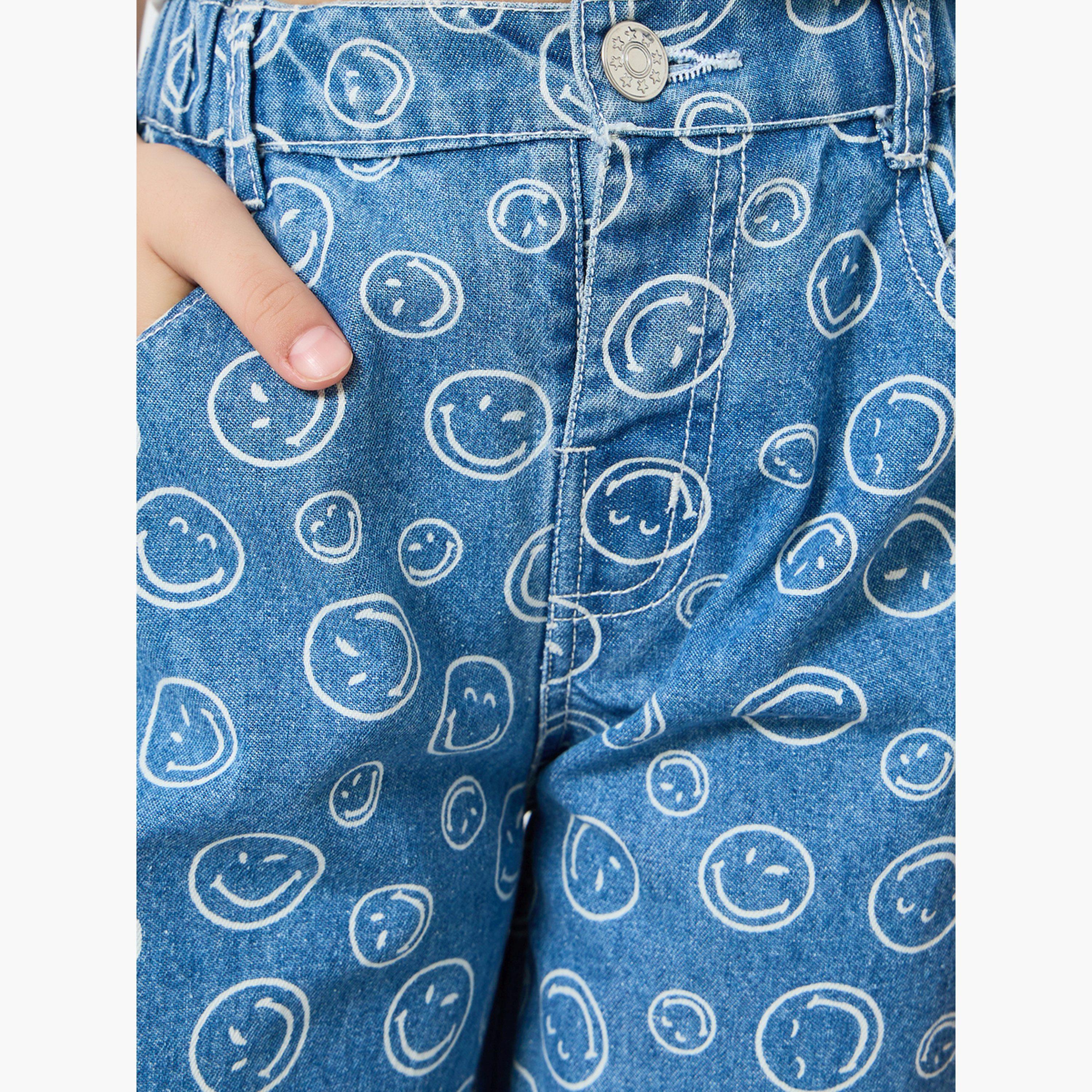 Styli Girls Blue SmileyWorld Face Print Wide Leg Jeans