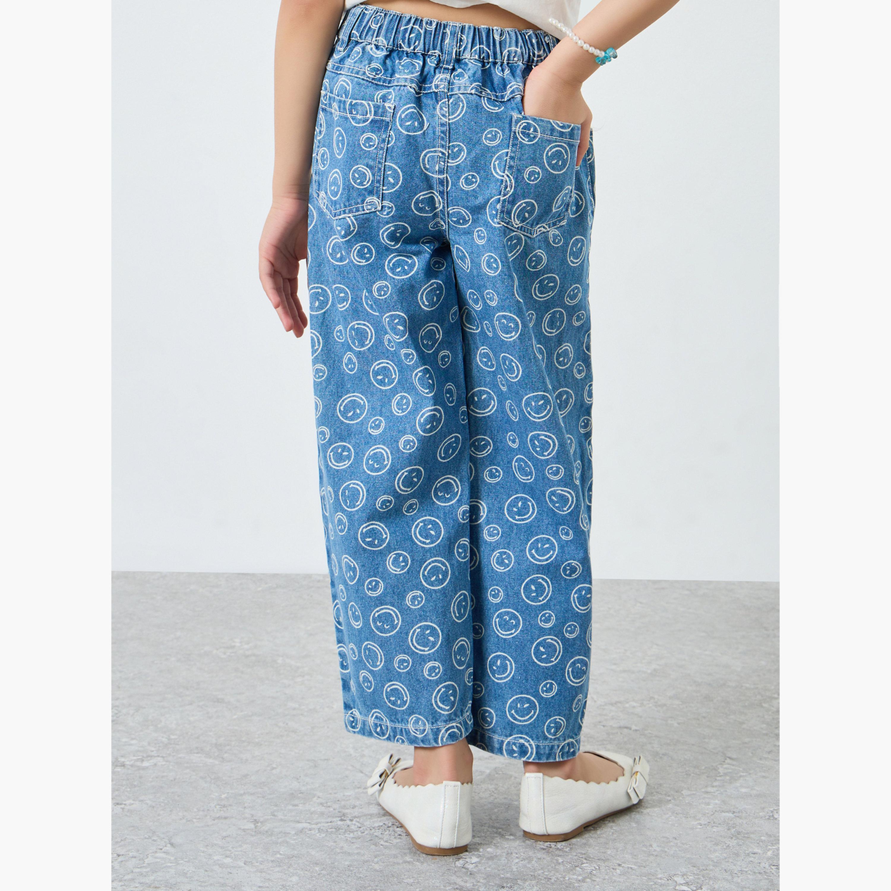 Styli Girls Blue SmileyWorld Face Print Wide Leg Jeans