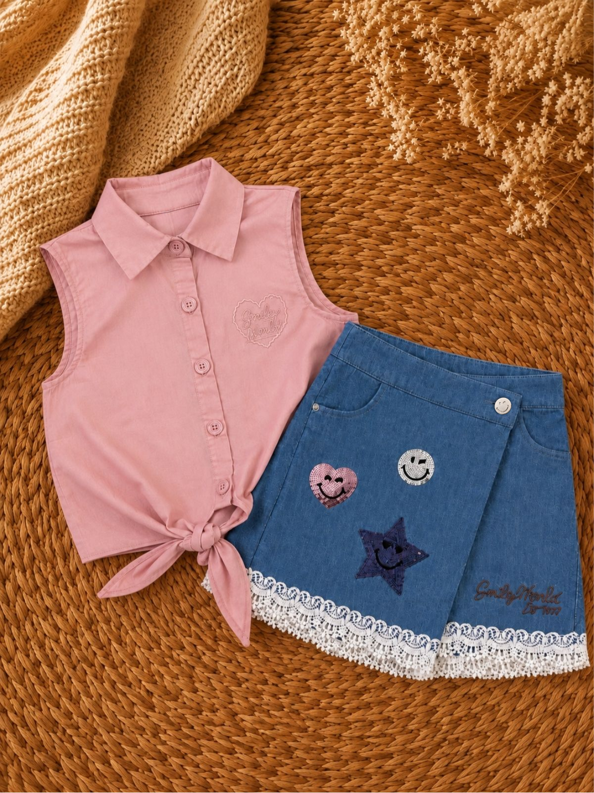 SmileyWorld® Tie Front Top and Sequin Denim Skort Set