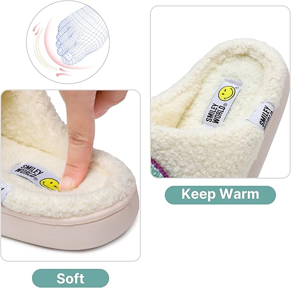 SMILEYWORLD® Womens Mens Smiley Face Slippers丨Comfy Warm Plush Slip On House Shoes丨Retro Funny Happy Smile Soft Memory Foam Slipper Indoor Outdoor