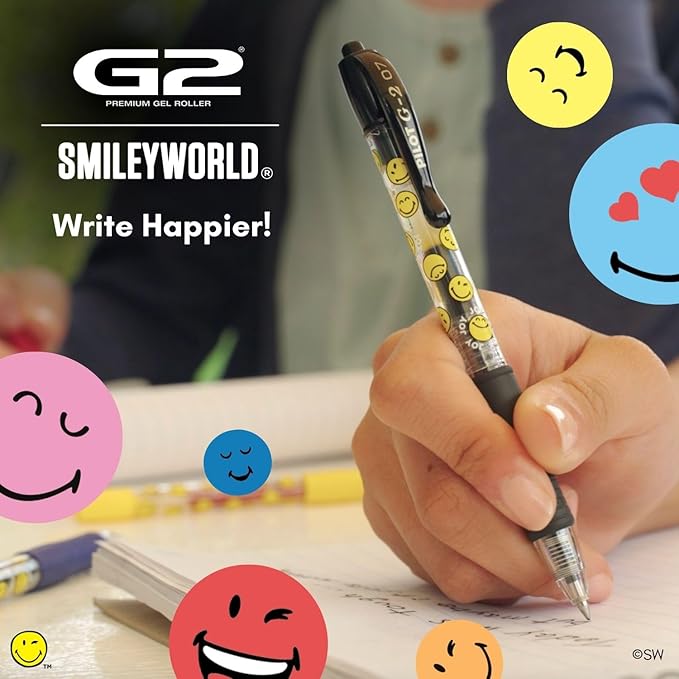 PILOT, G2 Premium Gel Roller Pens, G2 x SmileyWorld® Collection, Write Happier, 10 Pack Pouch, Fine Point 0.7 mm, Assorted
