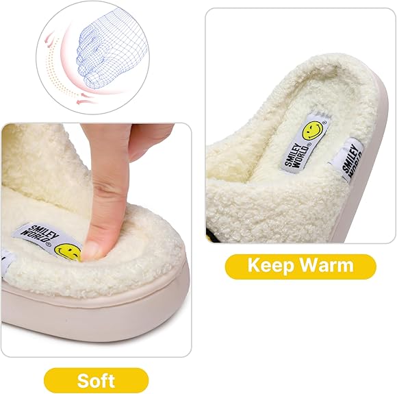 SMILEYWORLD® Womens Mens Smiley Face Slippers丨Comfy Warm Plush Slip On House Shoes丨Retro Funny Happy Smile Soft Memory Foam Slipper Indoor Outdoor