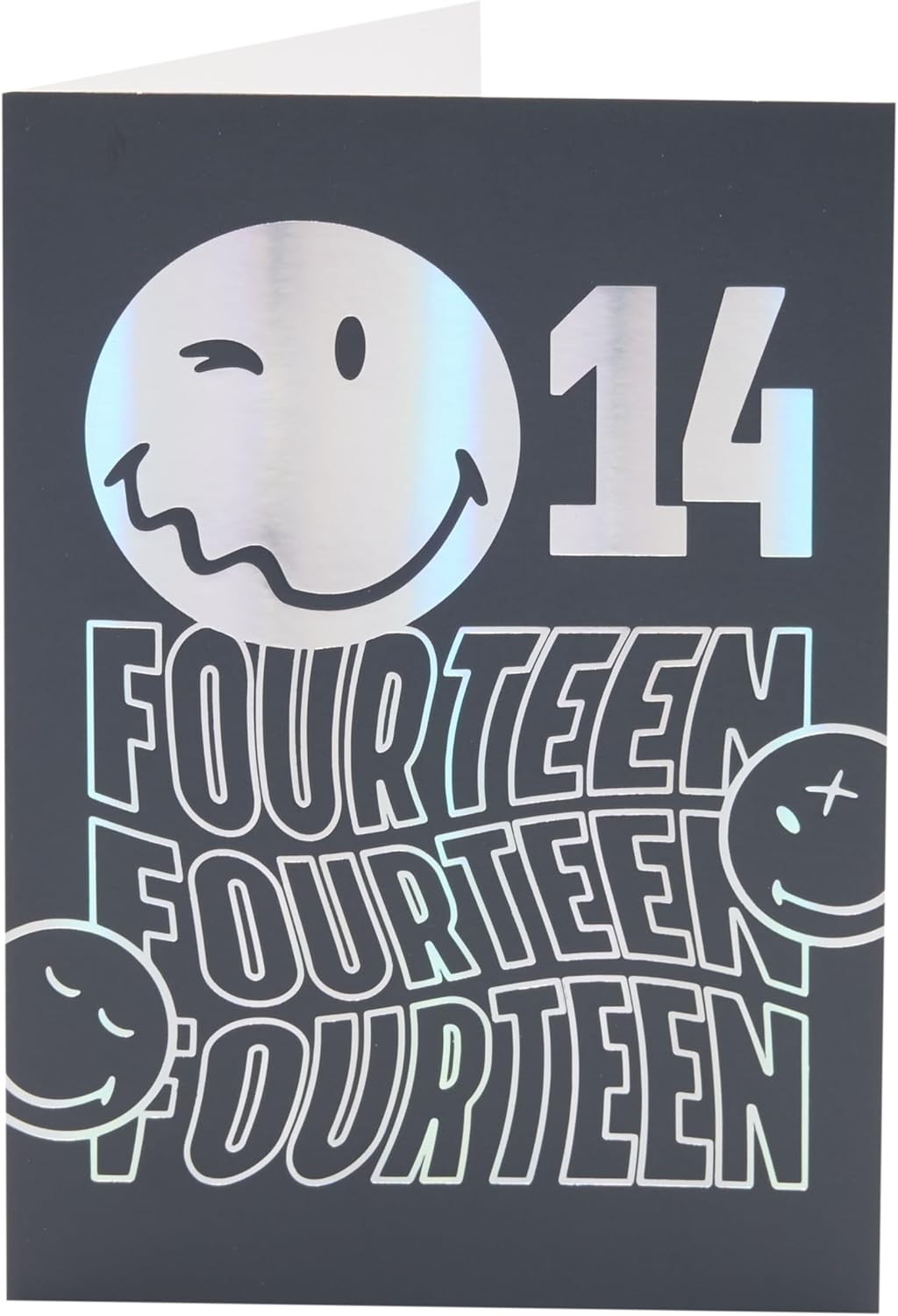 UK Greetings | Smiley World 14th Birthday Card | Happy Birthday Gifts | Him, Boys, Men | Silver Foil Design | With Envelope | 13.3x18.4cm