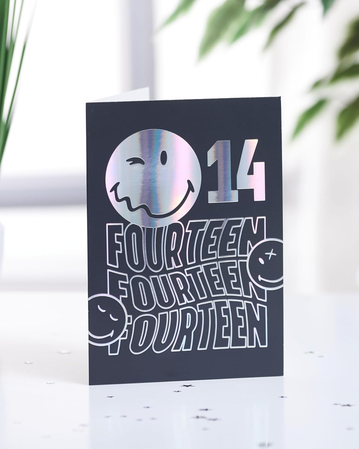 UK Greetings | Smiley World 14th Birthday Card | Happy Birthday Gifts | Him, Boys, Men | Silver Foil Design | With Envelope | 13.3x18.4cm