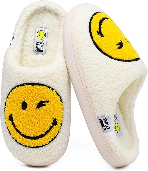 SMILEYWORLD® Womens Mens Smiley Face Slippers丨Comfy Warm Plush Slip On House Shoes丨Retro Funny Happy Smile Soft Memory Foam Slipper Indoor Outdoor