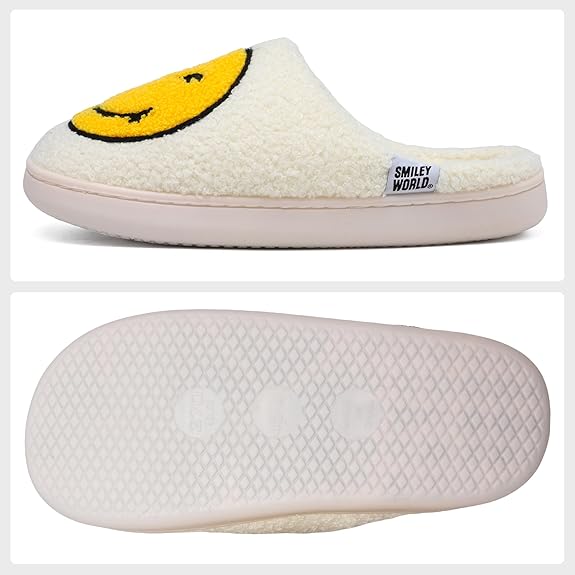 SMILEYWORLD® Womens Mens Smiley Face Slippers丨Comfy Warm Plush Slip On House Shoes丨Retro Funny Happy Smile Soft Memory Foam Slipper Indoor Outdoor