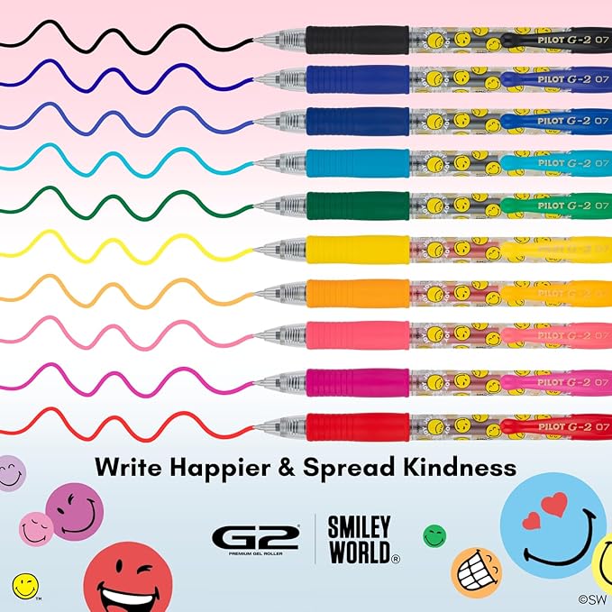 PILOT, G2 Premium Gel Roller Pens, G2 x SmileyWorld® Collection, Write Happier, 10 Pack Pouch, Fine Point 0.7 mm, Assorted