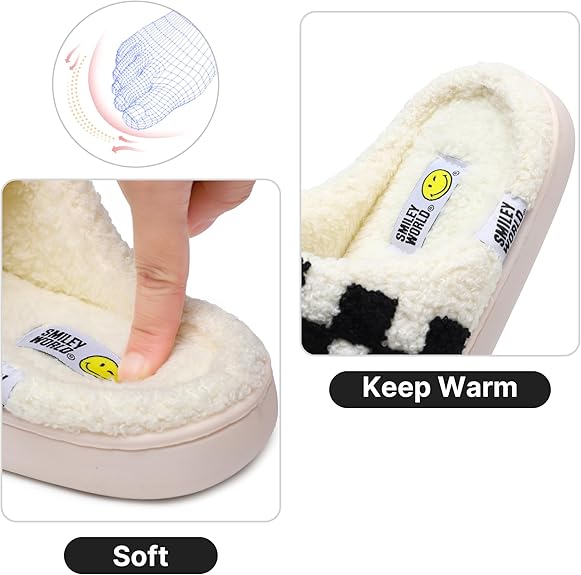 SMILEYWORLD® Womens Mens Smiley Face Slippers丨Comfy Warm Plush Slip On House Shoes丨Retro Funny Happy Smile Soft Memory Foam Slipper Indoor Outdoor