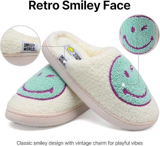 SMILEYWORLD® Kids Slippers丨Boys Girls Smiley Face House Slippers丨Winter Warm Soft Plush Indoor Outdoor Memory Foam Fuzzy Flat Slides丨Comfy Slip-on Shoes