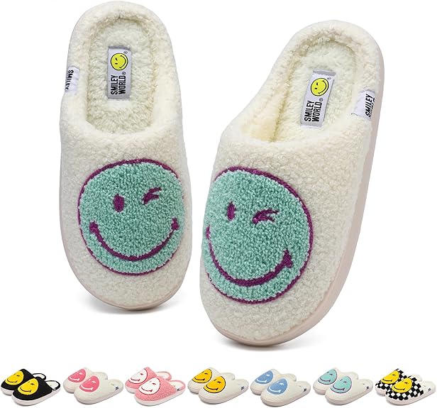 SMILEYWORLD® Womens Mens Smiley Face Slippers丨Comfy Warm Plush Slip On House Shoes丨Retro Funny Happy Smile Soft Memory Foam Slipper Indoor Outdoor