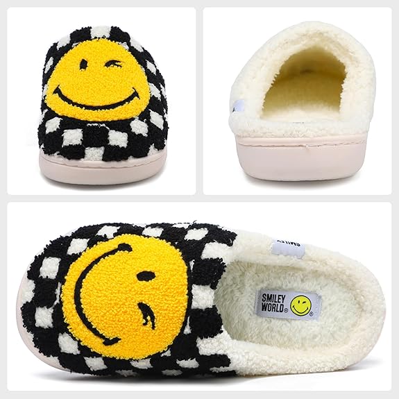 SMILEYWORLD® Womens Mens Smiley Face Slippers丨Comfy Warm Plush Slip On House Shoes丨Retro Funny Happy Smile Soft Memory Foam Slipper Indoor Outdoor