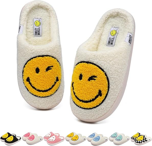 SMILEYWORLD® Womens Mens Smiley Face Slippers丨Comfy Warm Plush Slip On House Shoes丨Retro Funny Happy Smile Soft Memory Foam Slipper Indoor Outdoor
