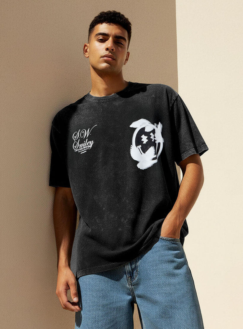 Men Regular Fit Crew Neck Short Sleeve S.W.SMILEY Print T-shirt