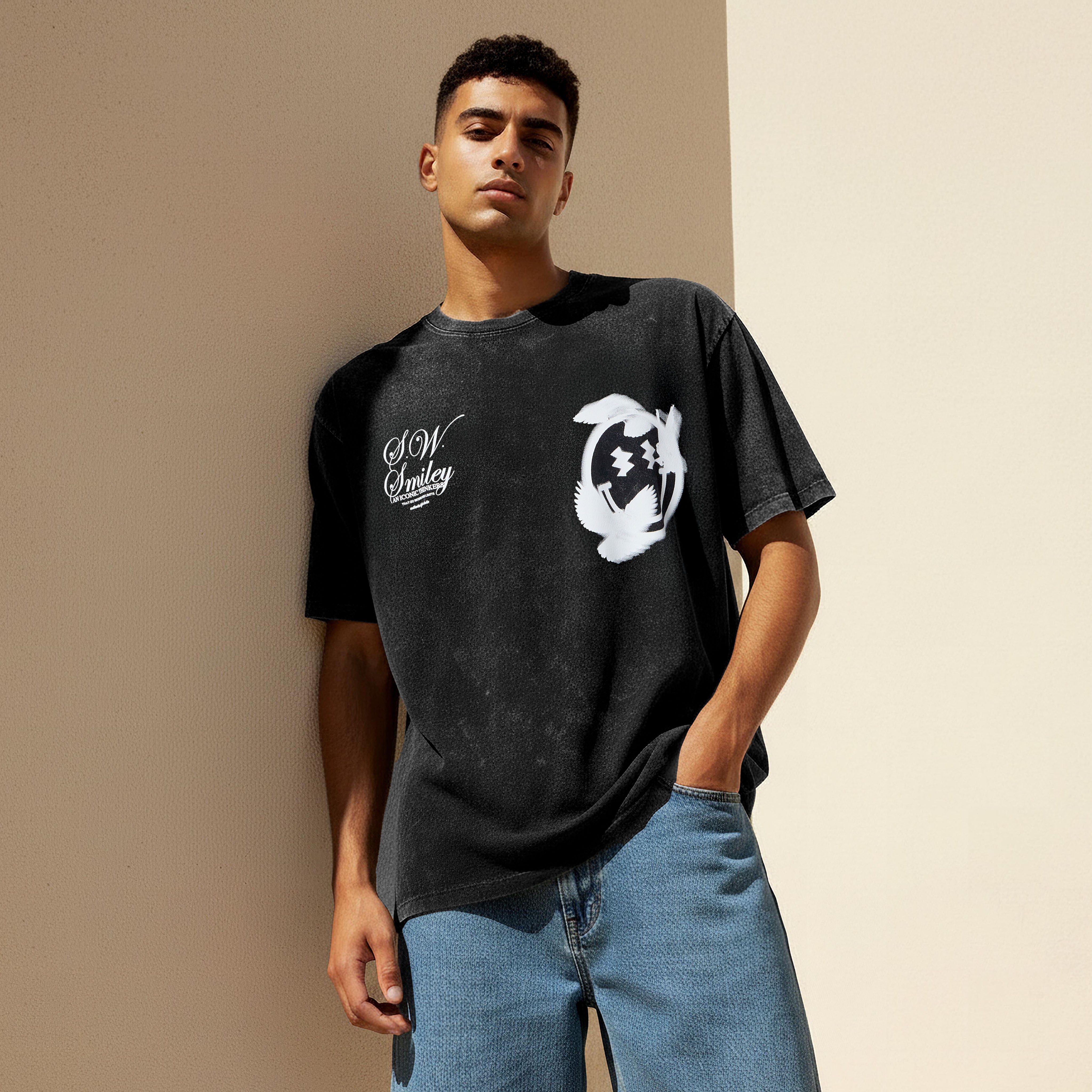 Men Regular Fit Crew Neck Short Sleeve S.W.SMILEY Print T-shirt