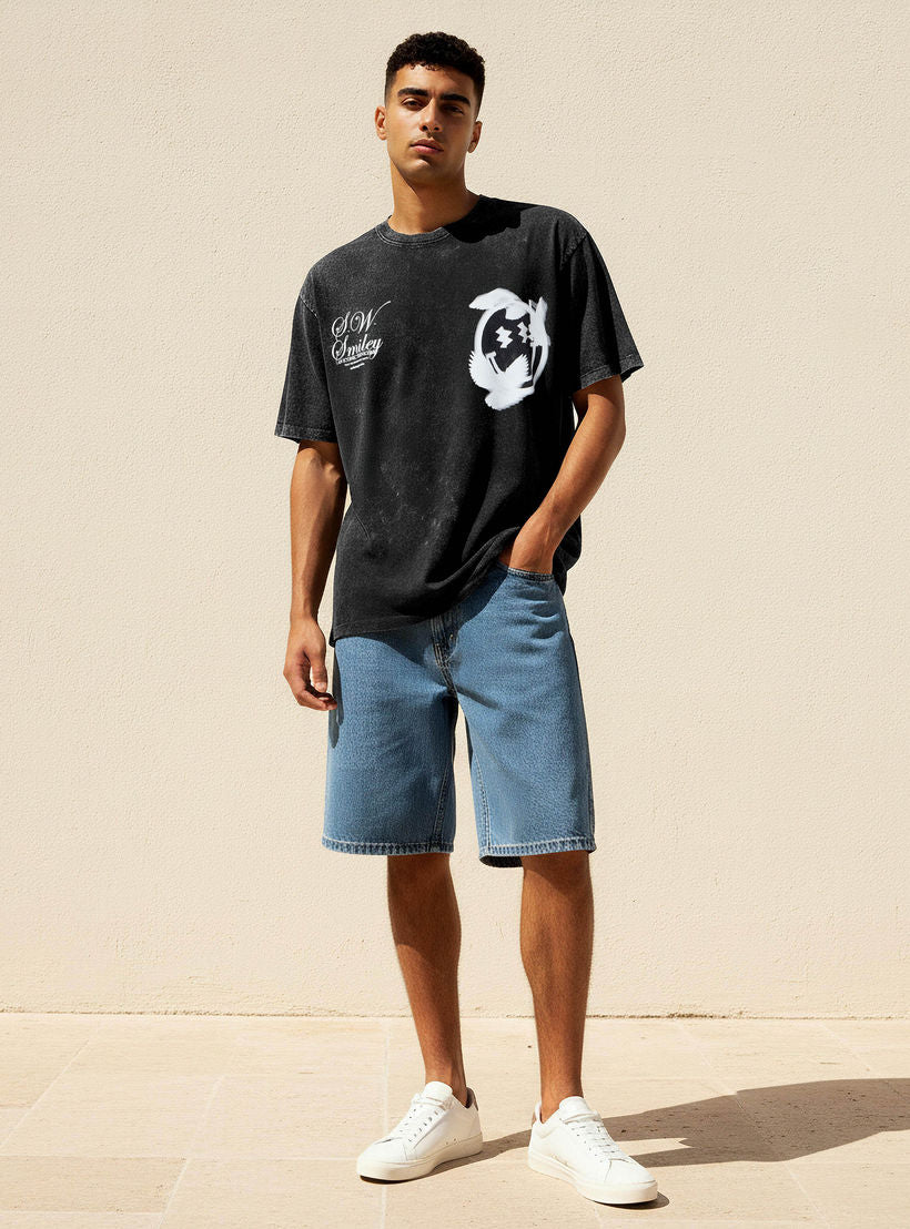 Men Regular Fit Crew Neck Short Sleeve S.W.SMILEY Print T-shirt