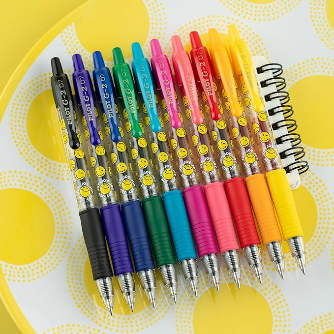 PILOT, G2 Premium Gel Roller Pens, G2 x SmileyWorld® Collection, Write Happier, 10 Pack Pouch, Fine Point 0.7 mm, Assorted