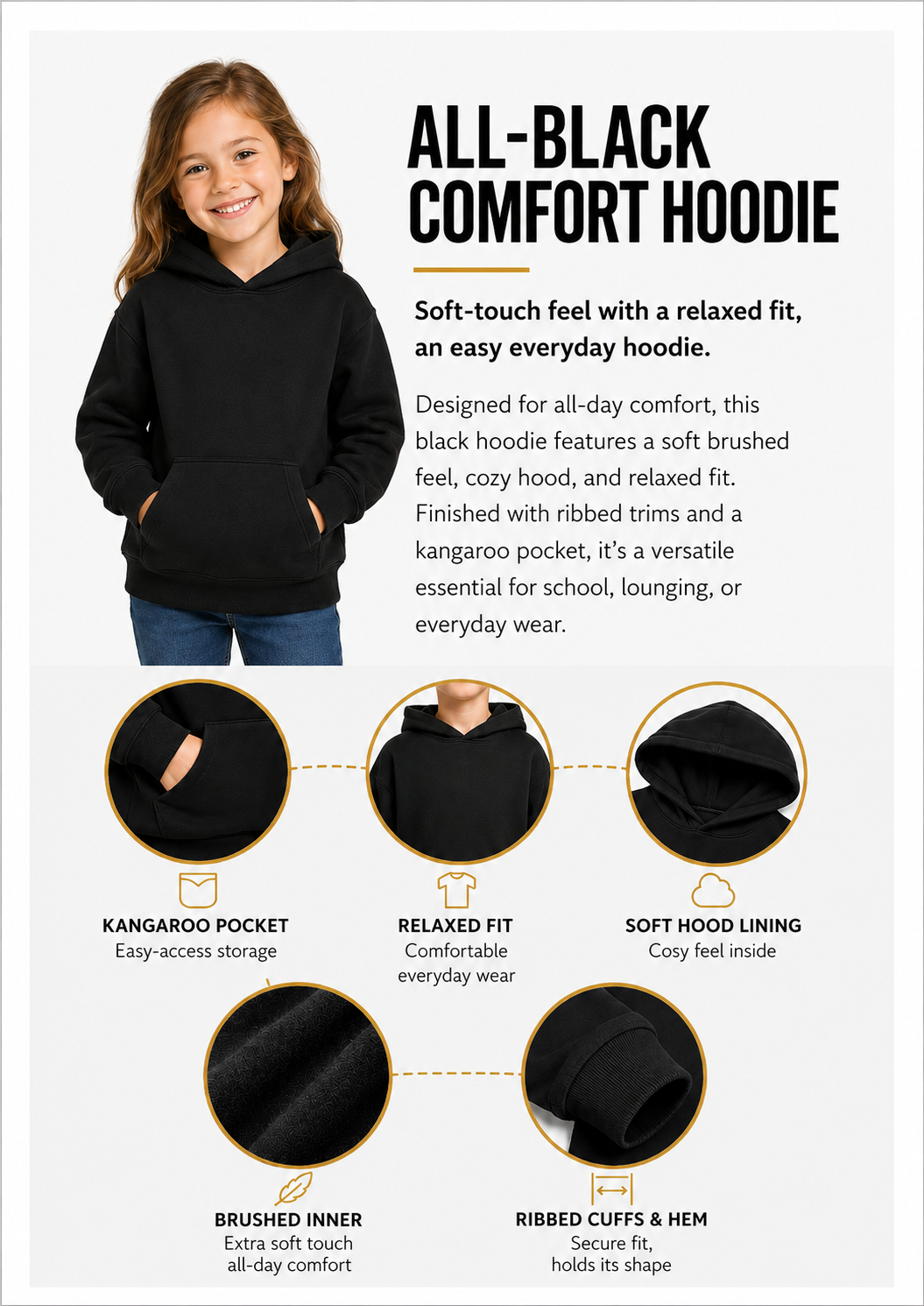 Smiley Girls Black Hoodie with Smiley Print