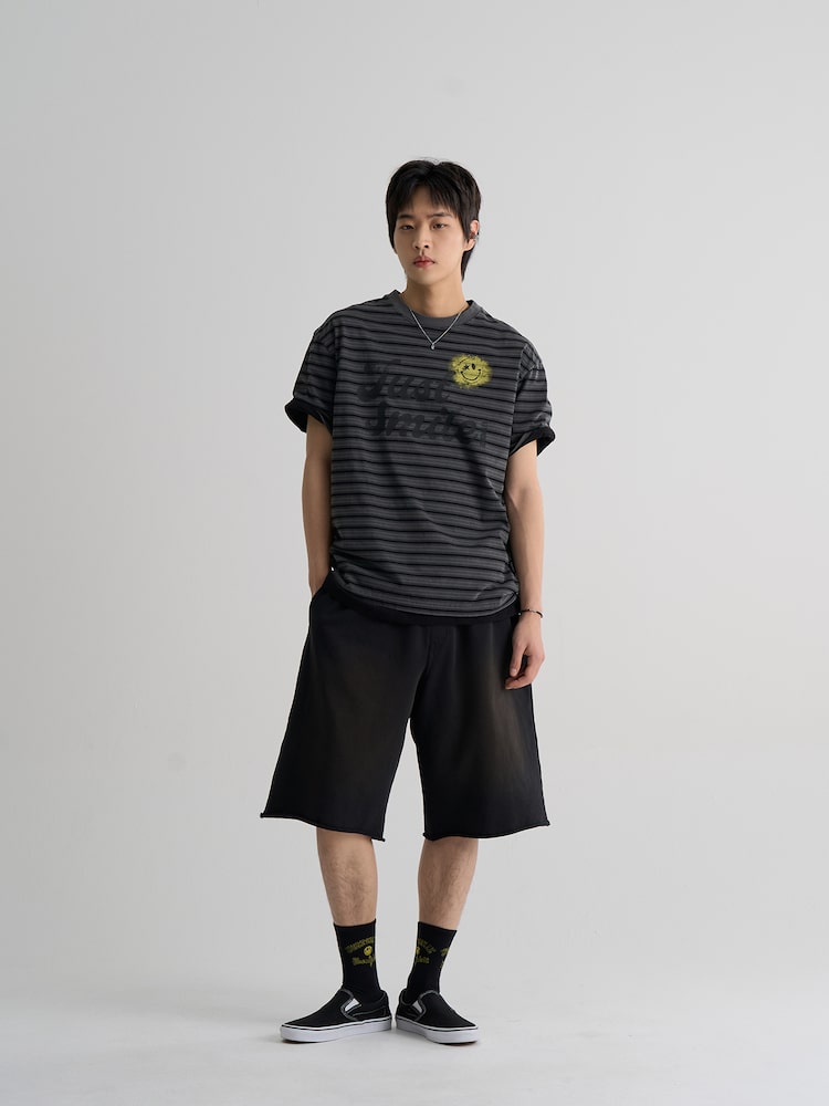 S.W.Smiley Striped Dyed Short Sleeve Tee - Ash