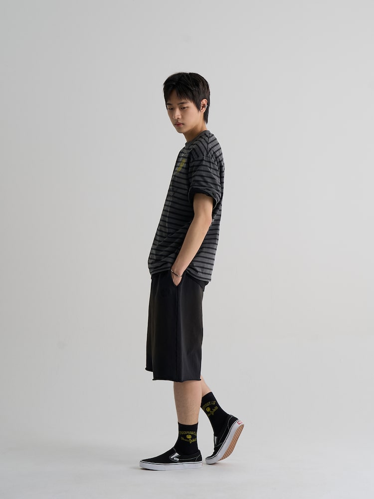 S.W.Smiley Striped Dyed Short Sleeve Tee - Ash