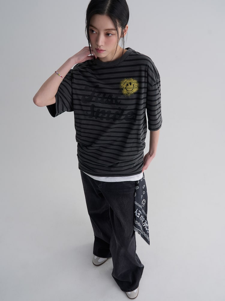 S.W.Smiley Striped Dyed Short Sleeve Tee - Ash