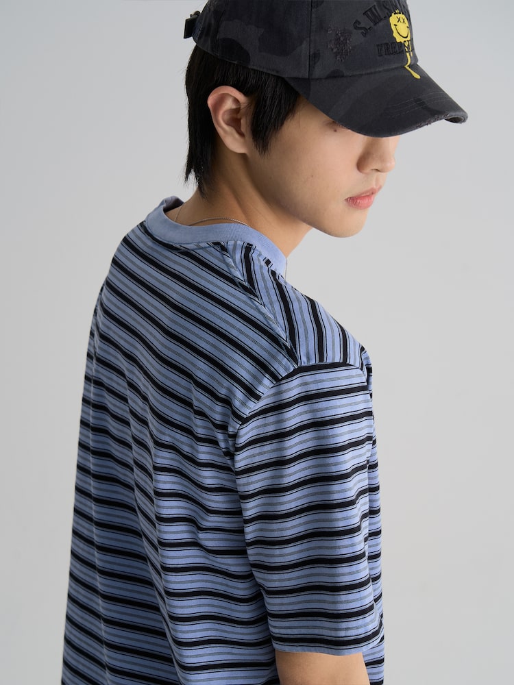 S.W.Smiley Striped Dyed Short Sleeve Tee - Sky Blue