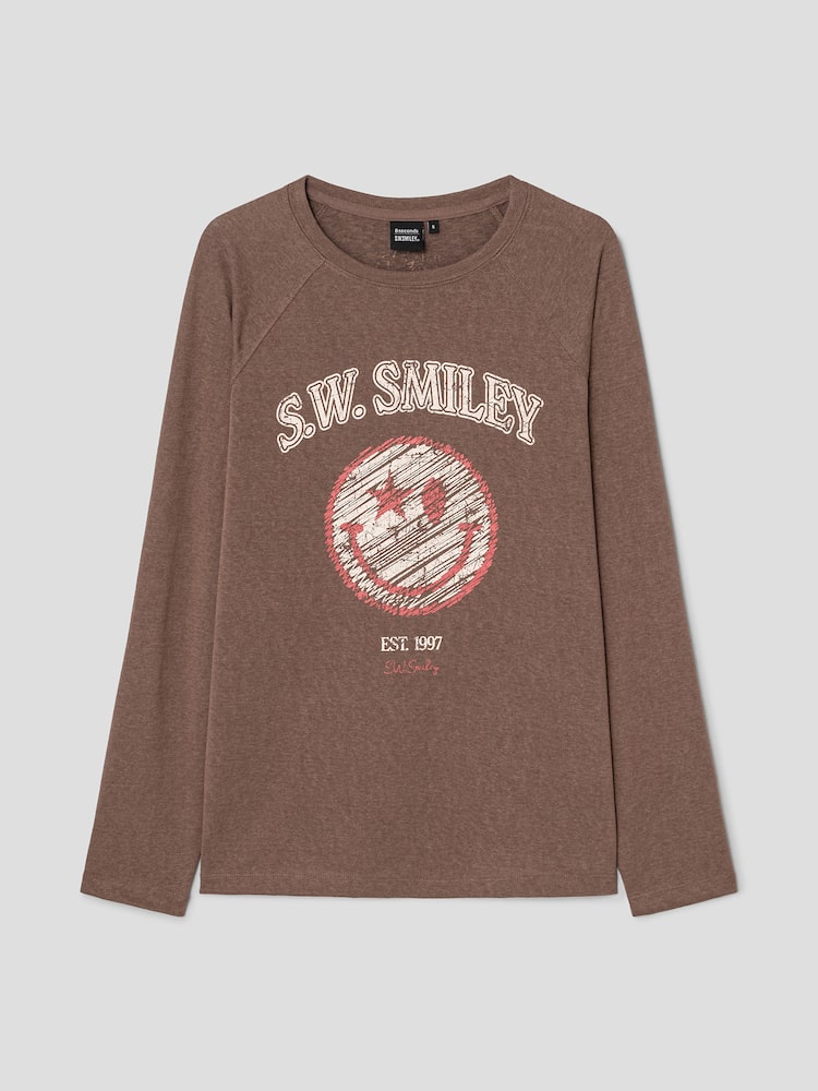 S.W.SMILEY® Cotton Slub Raglan Long Sleeve Graphic T-shirt - Brown