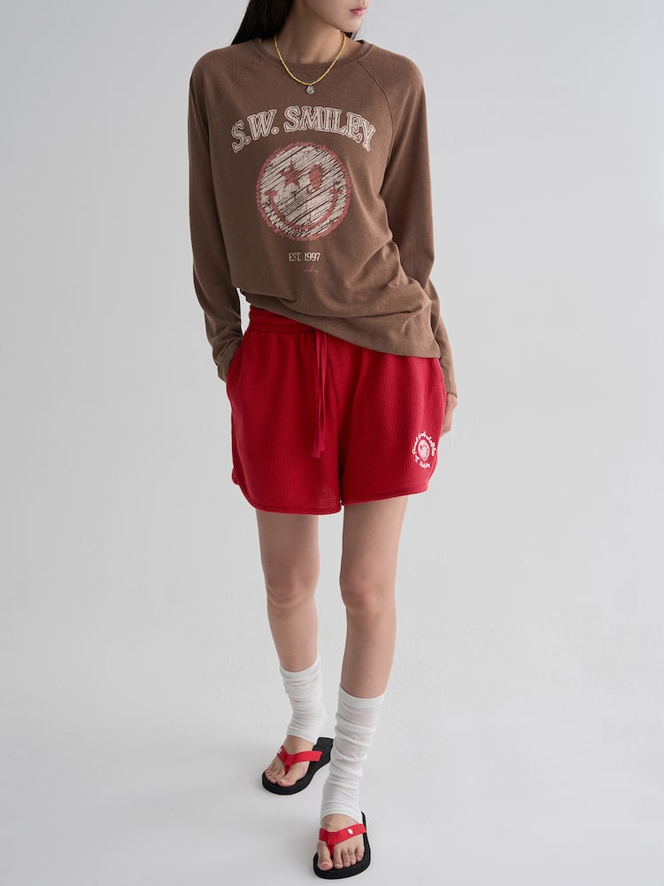 S.W.SMILEY® Cotton Slub Raglan Long Sleeve Graphic T-shirt - Brown