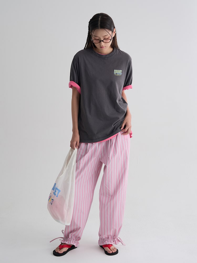 S.W.SMILEY® Embroidered Stripe Elastic Pants - Light Pink