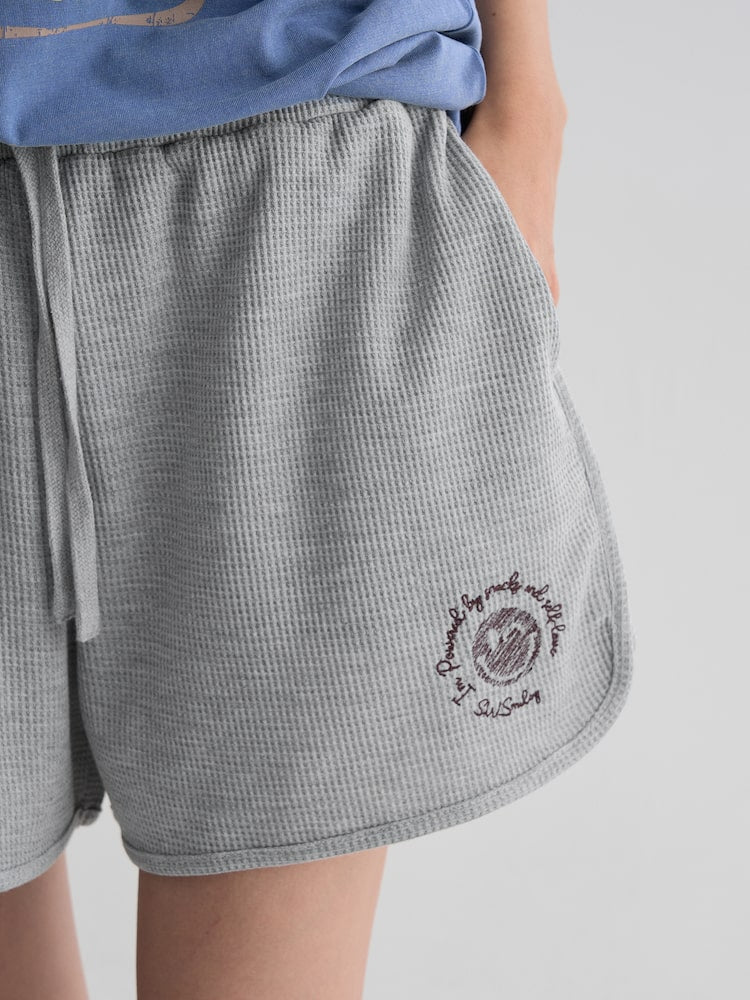 S.W.SMILEY® Waffle Fabric Embroidered Jersey Shorts - Grey