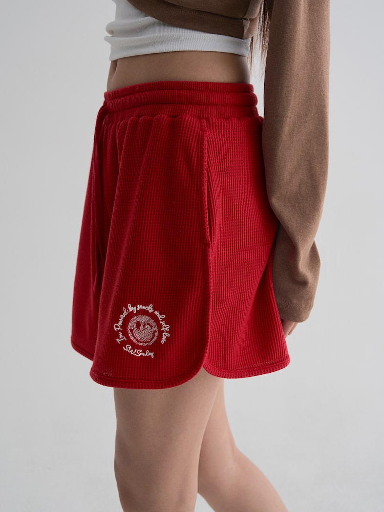 S.W.SMILEY® Waffle Fabric Embroidered Jersey Shorts - Red