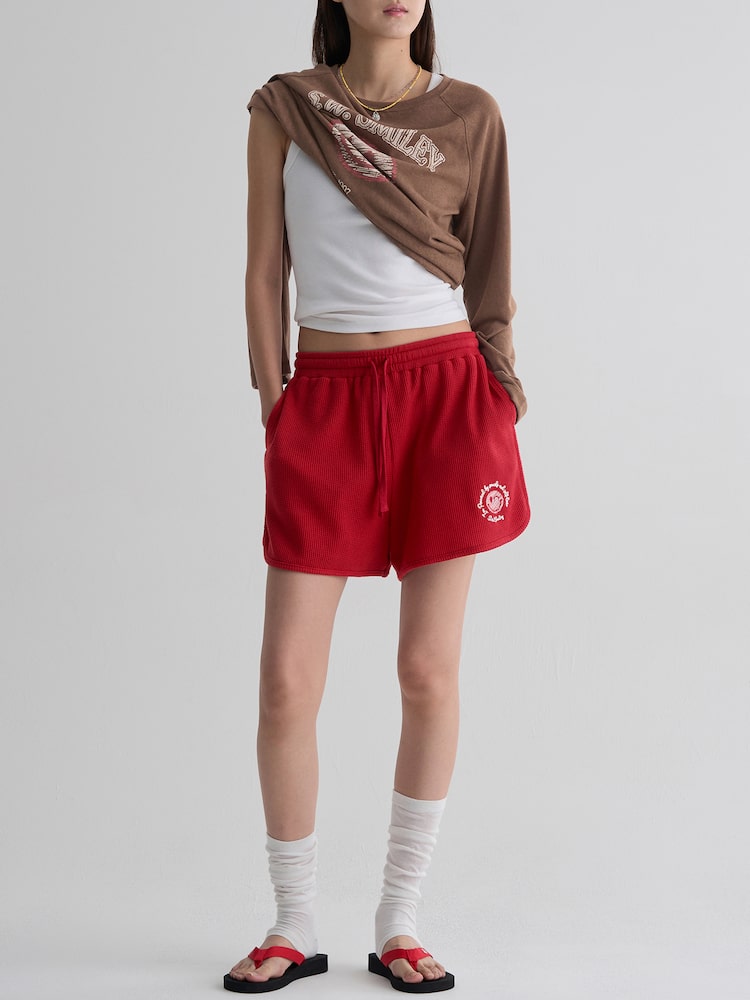 S.W.SMILEY® Waffle Fabric Embroidered Jersey Shorts - Red