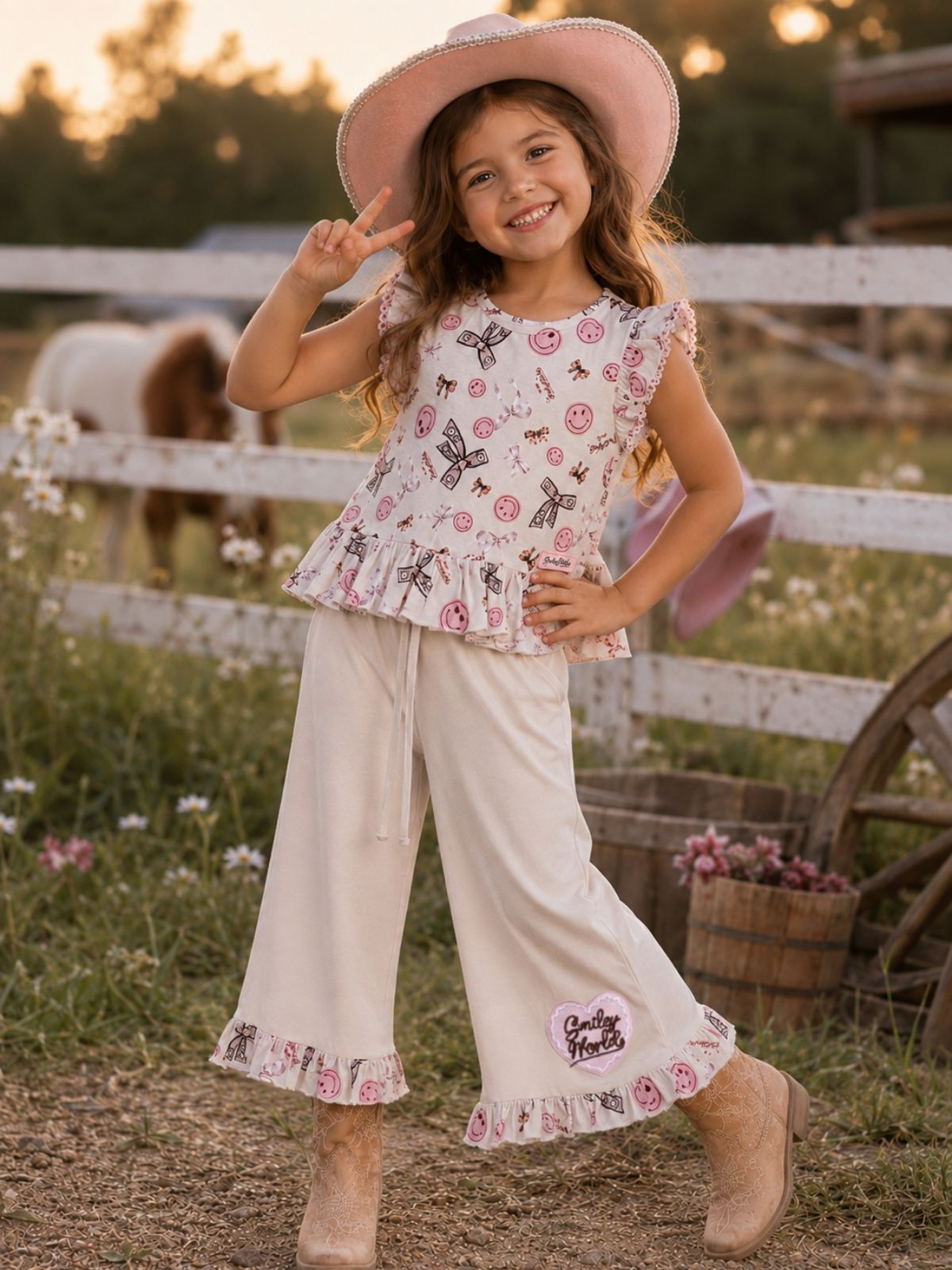 SmileyWorld® Bow Print Peplum Top & Wide Leg Pant Set