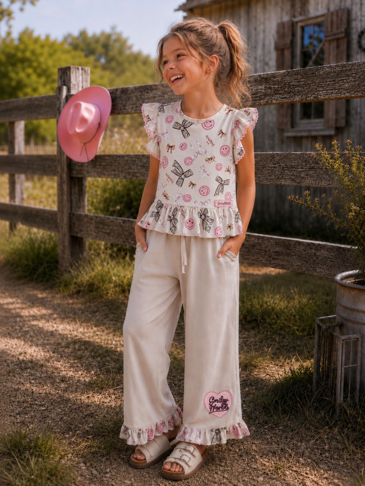 SmileyWorld® Bow Print Peplum Top & Wide Leg Pant Set