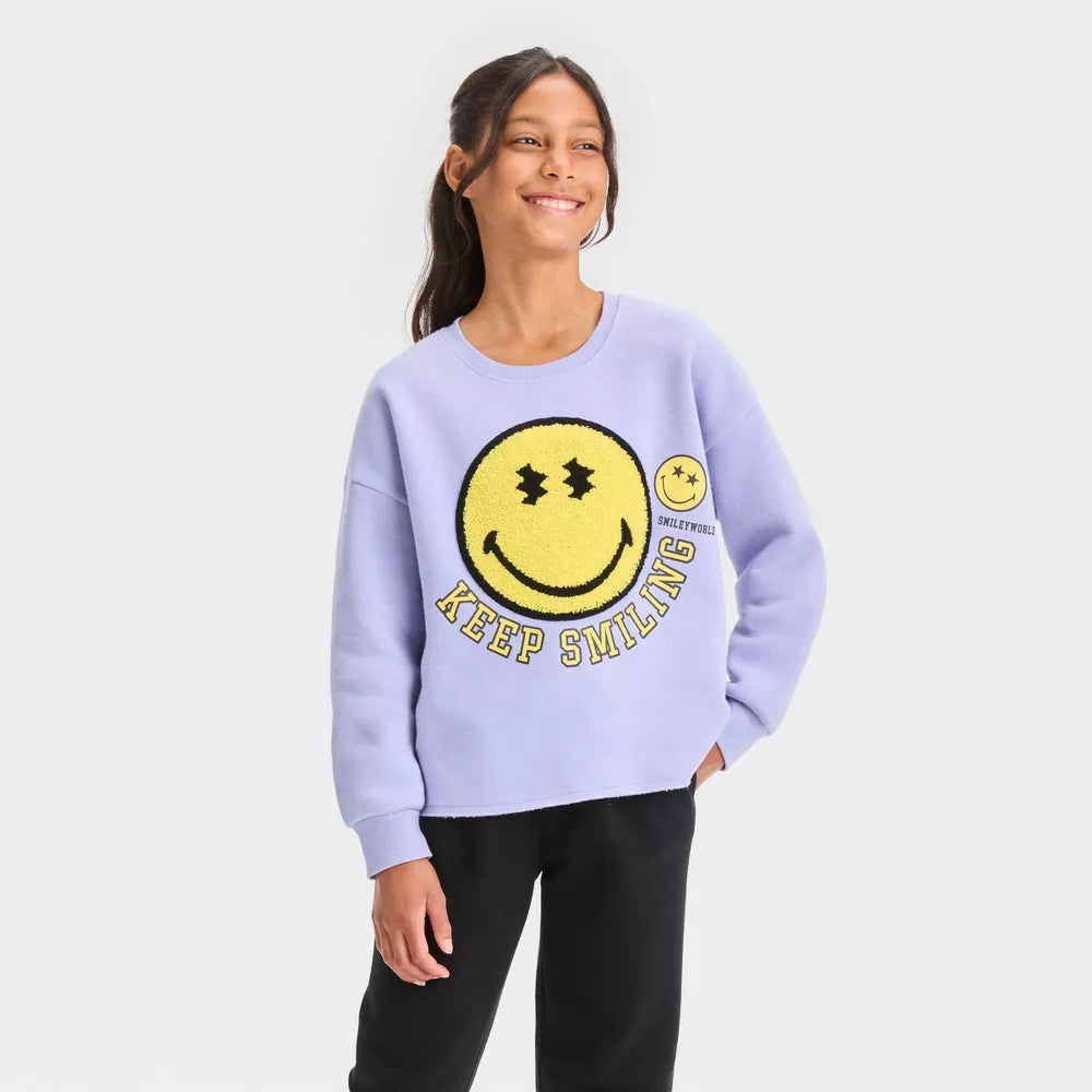 Girls SmileyWorld Cropped Crewneck Sweatshirt art class Purple Smiley World