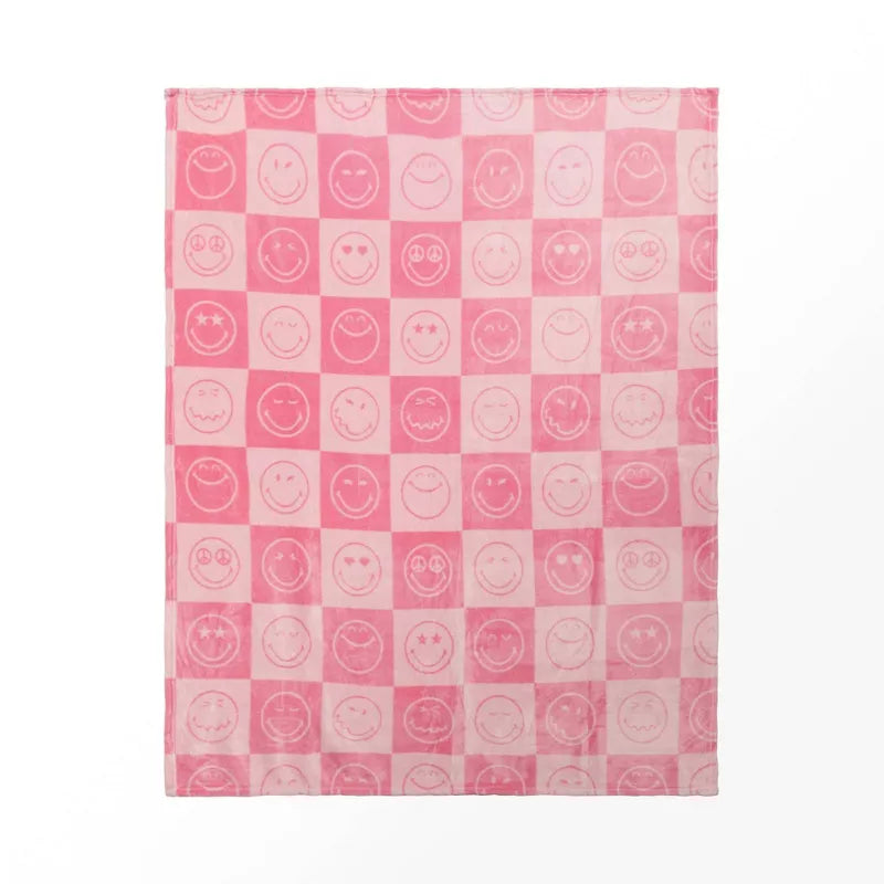 Yoobi SmileyWorld 50"x60" Faux Shearling Smiley Checkered Blanket Printed Pink
