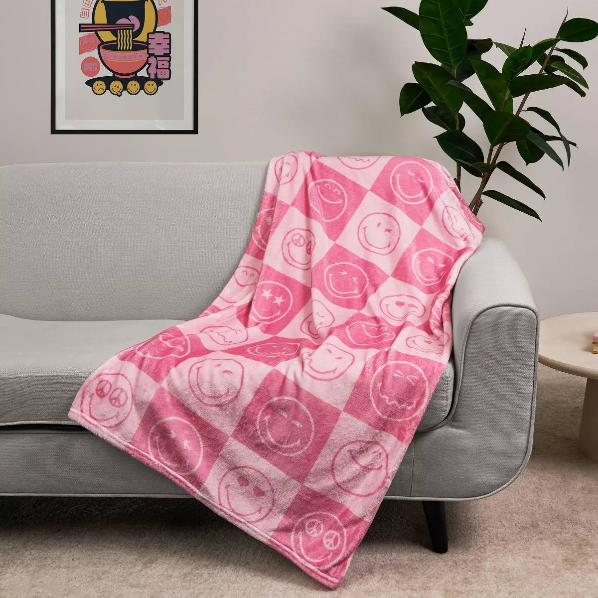 Yoobi SmileyWorld 50"x60" Faux Shearling Smiley Checkered Blanket Printed Pink