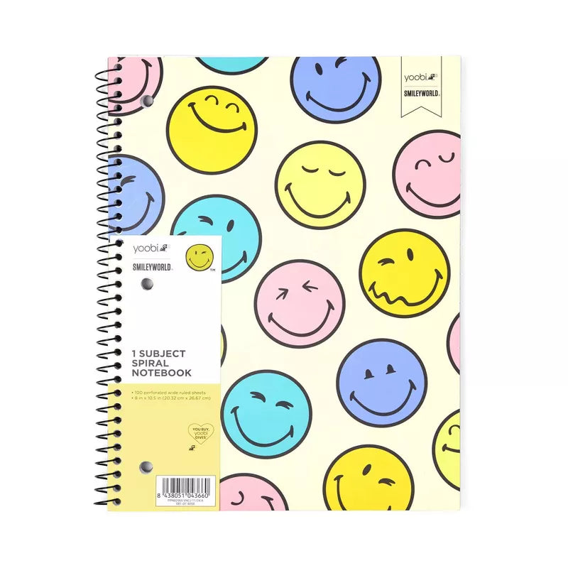 Yoobi SmileyWorld 1 Subject Notebooks 8"x10.5" Wide Ruled Multicolor Smiley
