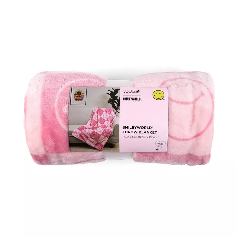 Yoobi SmileyWorld 50"x60" Faux Shearling Smiley Checkered Blanket Printed Pink