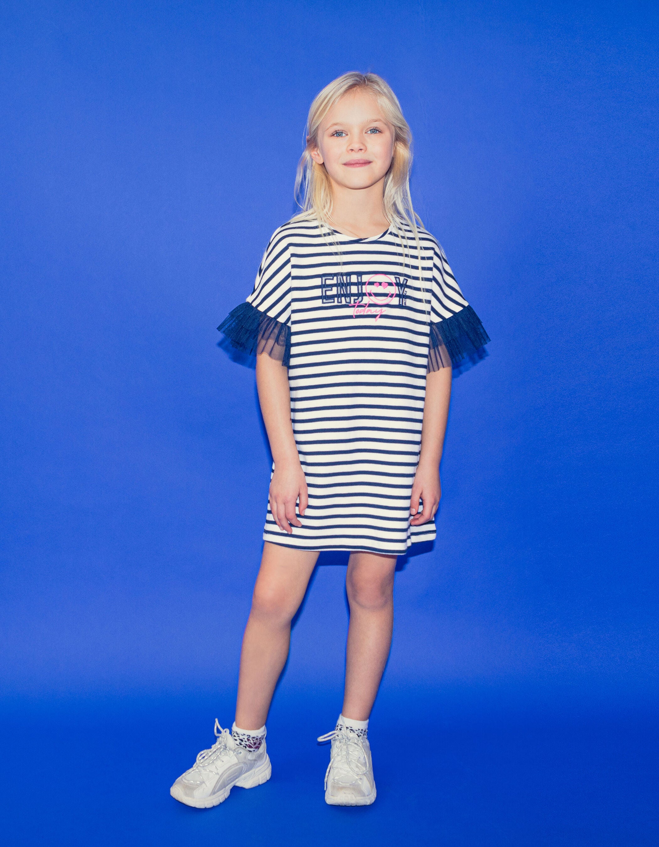 Girls’ Sailor-Stripe Cotton Dress, SmileyWorld Tulle Sleeves