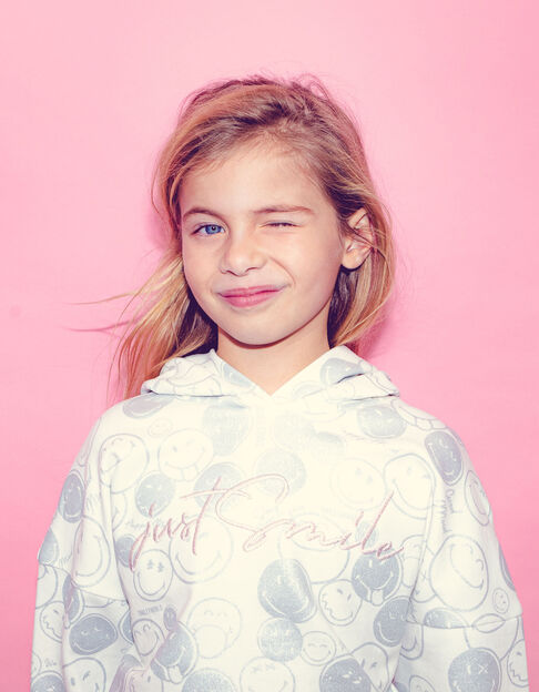 Girls’ white hoodie with silver all-over SMILEYWORLD print