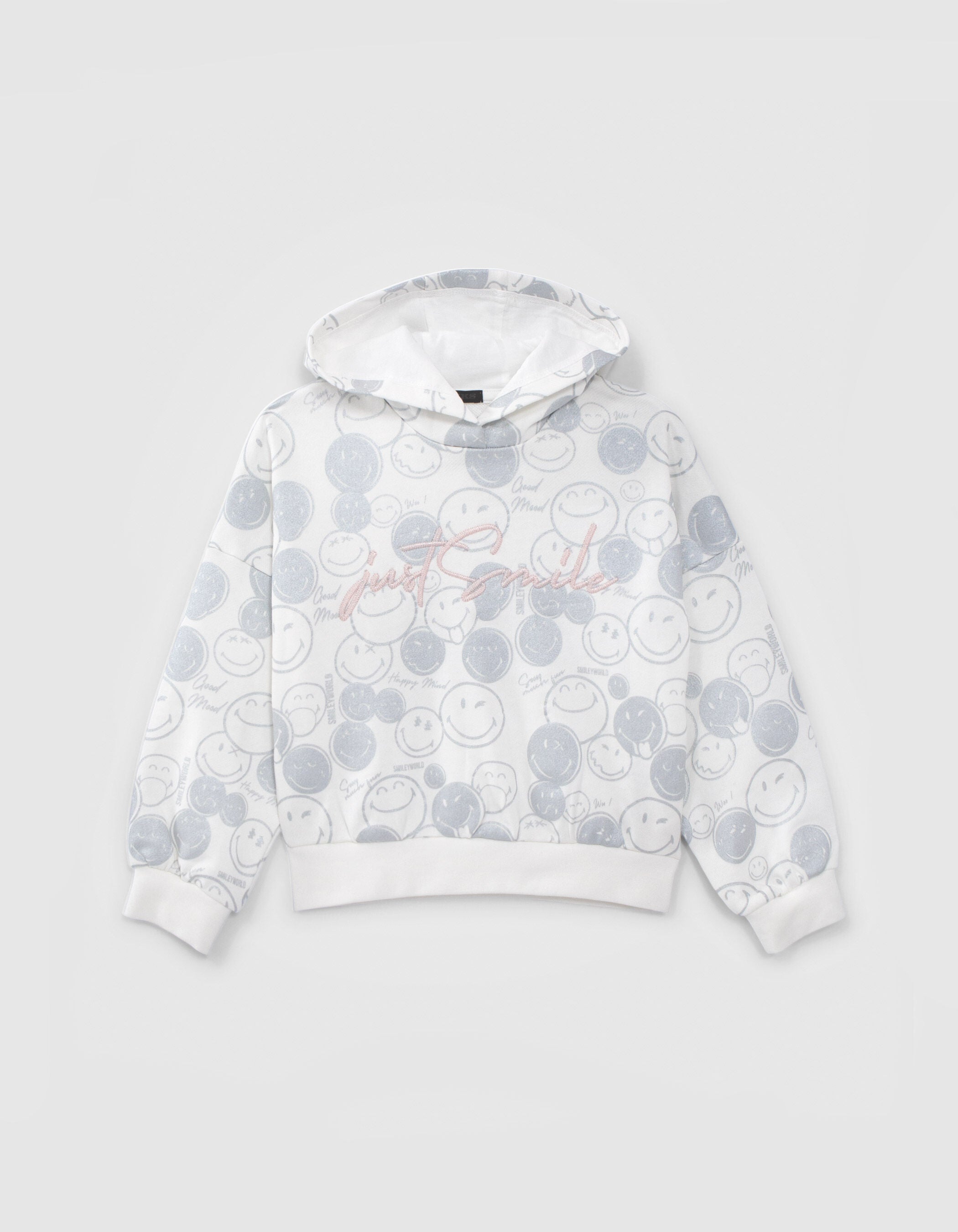 Girls’ white hoodie with silver all-over SMILEYWORLD print