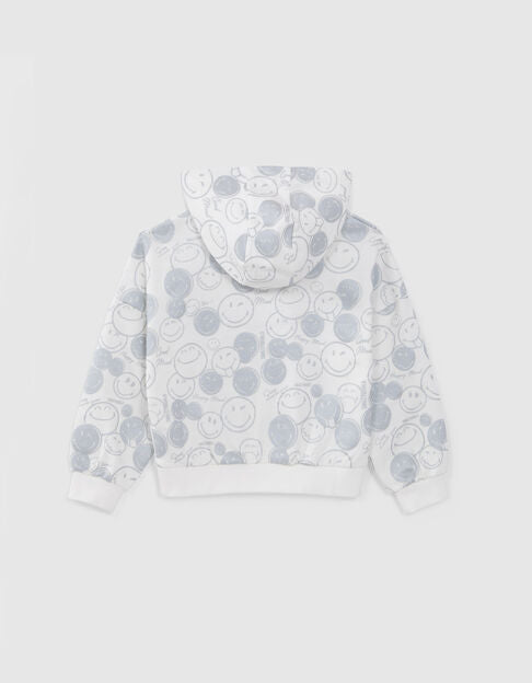 Girls’ white hoodie with silver all-over SMILEYWORLD print
