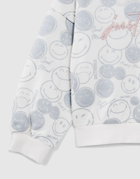 Girls’ white hoodie with silver all-over SMILEYWORLD print