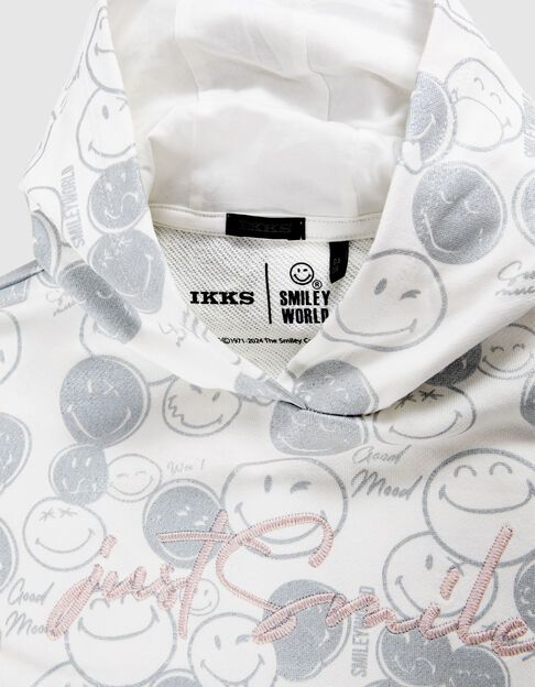 Girls’ white hoodie with silver all-over SMILEYWORLD print