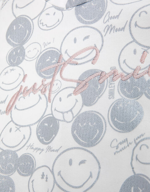 Girls’ white hoodie with silver all-over SMILEYWORLD print