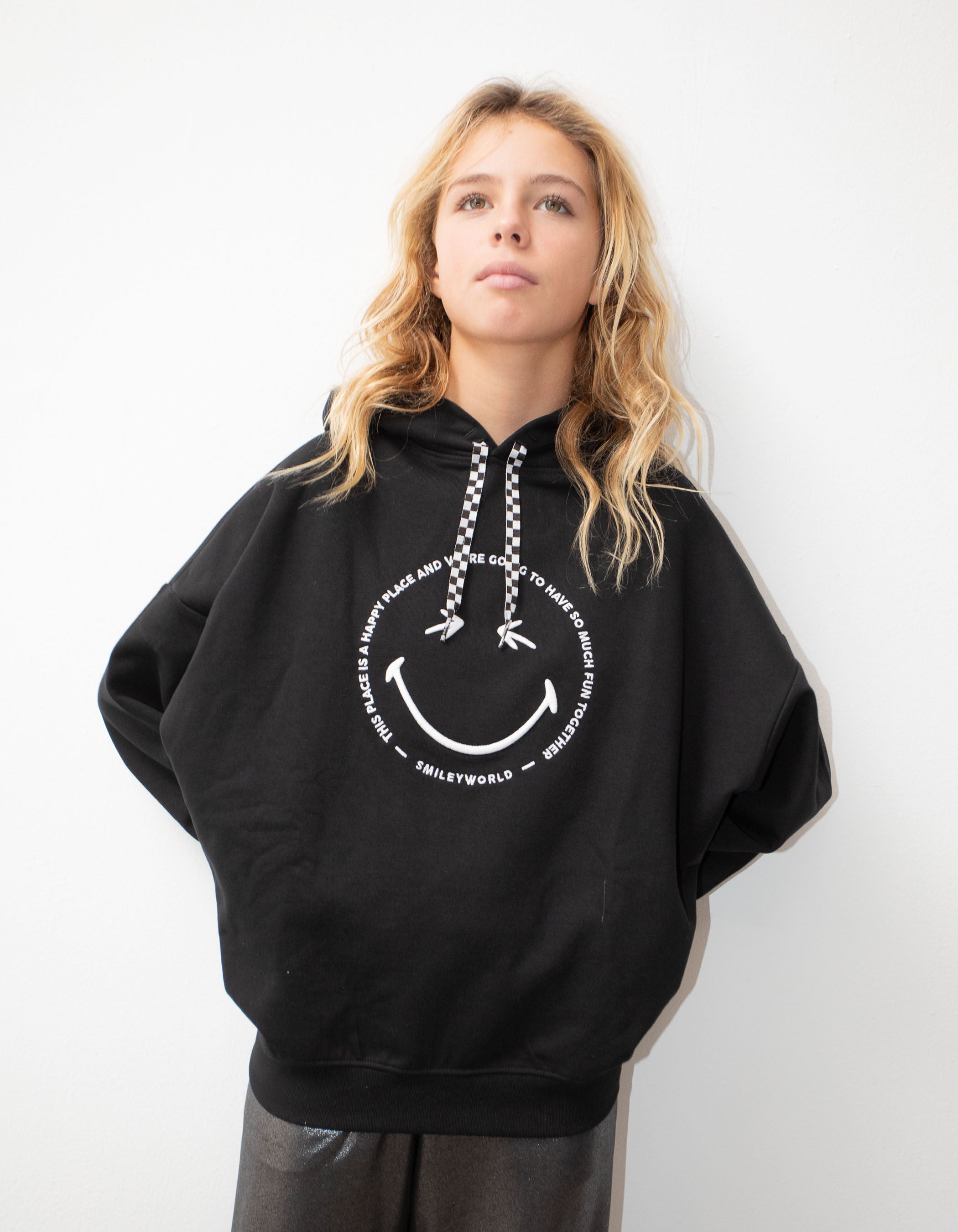 Girls black hoodie with white embroidered SMILEYWORLD image Smiley World