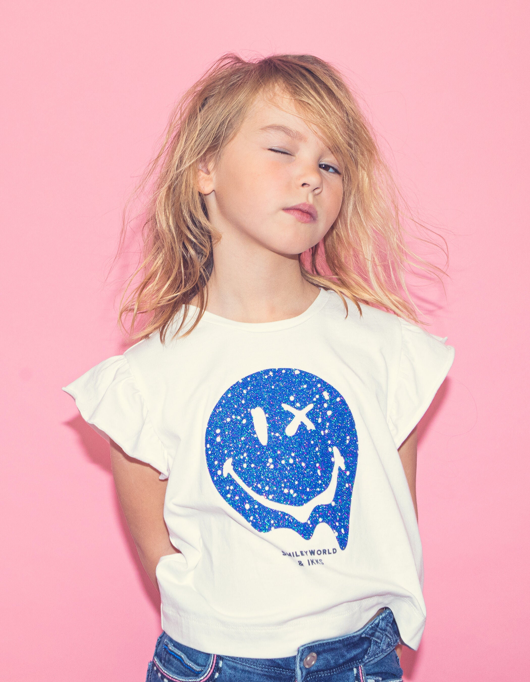 Girls’ White T-Shirt with Glittery Blue SmileyWorld Print