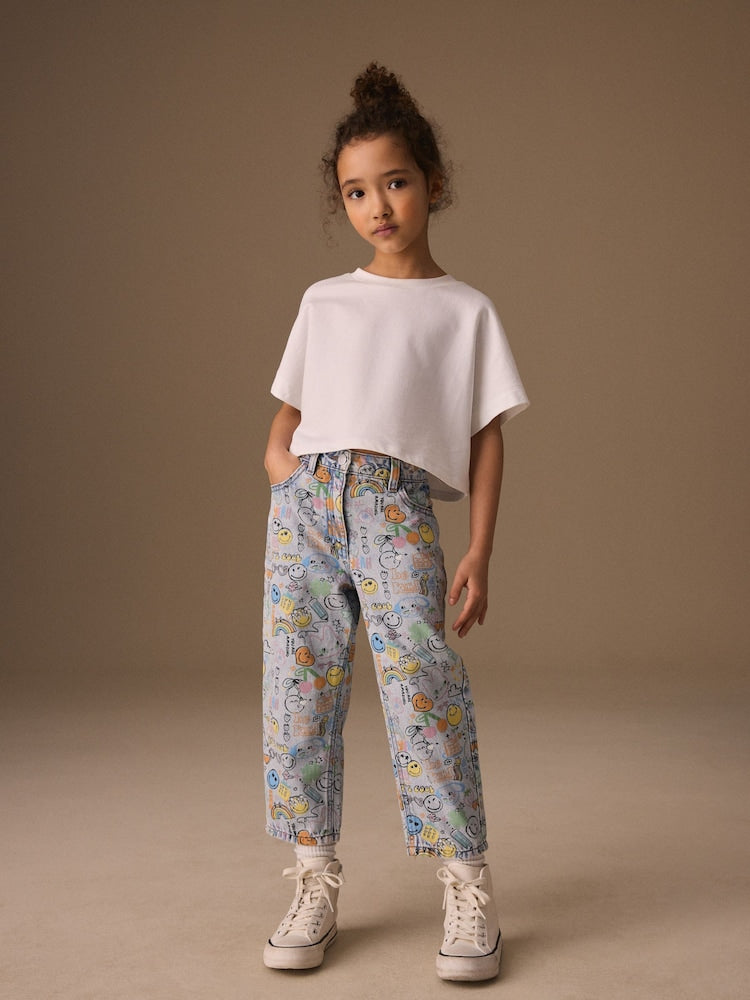 Smiley World Doodle Print Barrel Leg Jeans (3-16yrs)